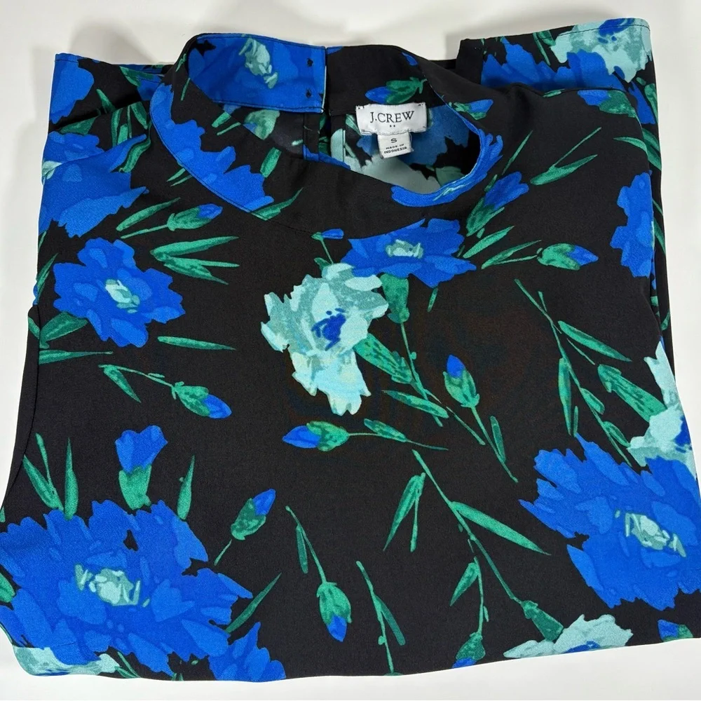 J. Crew Black Top with Blue and Green Floral Print